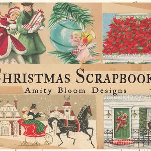 Puede incluir: Una portada de &aacute;lbum de recortes de Navidad vintage con ilustraciones de una pareja intercambiando regalos, &aacute;ngeles, poinsettias y una escena de invierno con un trineo tirado por un caballo. El t&iacute;tulo dice "Christmas Scrapbook Amity Bloom Designs".