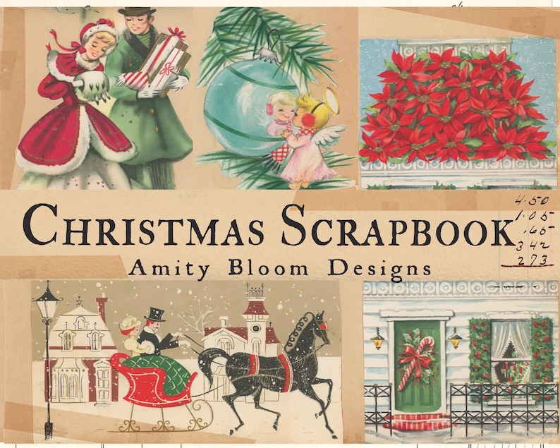 Puede incluir: Una portada de &aacute;lbum de recortes de Navidad vintage con ilustraciones de una pareja intercambiando regalos, &aacute;ngeles, poinsettias y una escena de invierno con un trineo tirado por un caballo. El t&iacute;tulo dice "Christmas Scrapbook Amity Bloom Designs".