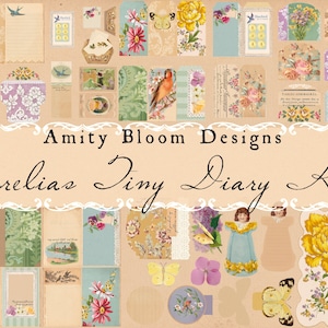 May include: A collection of vintage-style paper ephemera, including tags, labels, and decorative elements. The design features floral patterns, butterflies, birds, and handwritten text in a soft, muted color palette. The text reads "Amity Bloom Designs Aurelias Tiny Diary Kit."