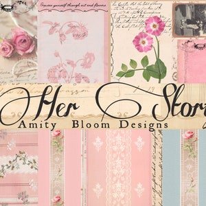May include: A collage of vintage images with a pink and white color scheme. The images include roses, handwritten letters, and lace patterns. The text "Her Story" is written in a decorative font with the words "Amity Bloom Designs" below it.