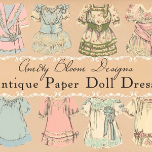 May include: A set of ten vintage paper doll dresses in various colors and patterns, including pink, blue, white, and green. The dresses are all different styles, with some having lace trim, some having floral patterns, and some having solid colors. The dresses are all in good condition and would be a great addition to any paper doll collection.
