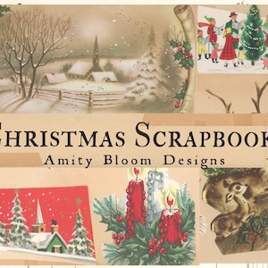 Puede incluir: Un &aacute;lbum de recortes de Navidad vintage con una p&aacute;gina de t&iacute;tulo que dice "Christmas Scrapbook Amity Bloom Designs". La p&aacute;gina presenta una escena de invierno con un pueblo nevado, un ciervo, velas y un &aacute;rbol de Navidad.