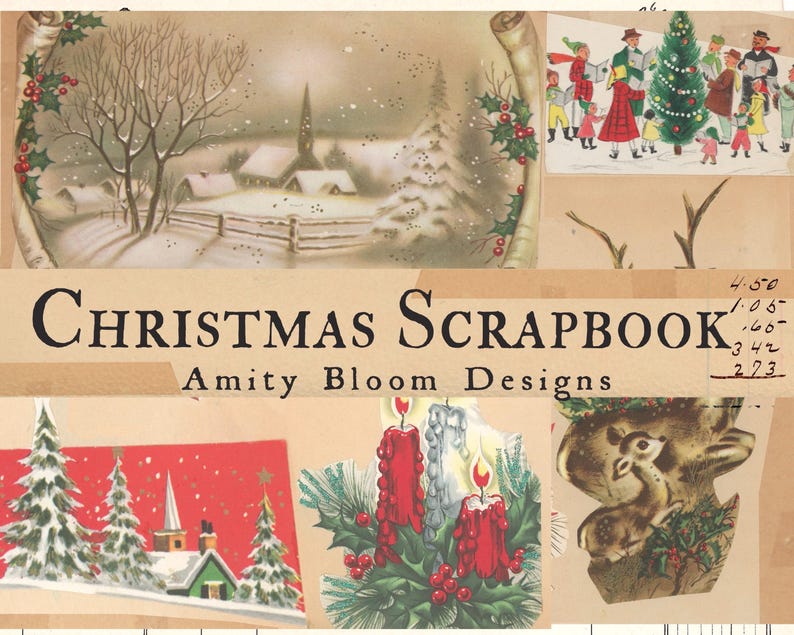 Puede incluir: Un &aacute;lbum de recortes de Navidad vintage con una p&aacute;gina de t&iacute;tulo que dice "Christmas Scrapbook Amity Bloom Designs". La p&aacute;gina presenta una escena de invierno con un pueblo nevado, un ciervo, velas y un &aacute;rbol de Navidad.