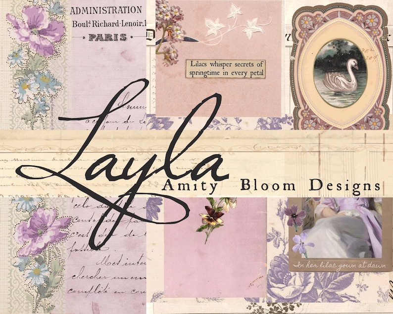 May include: A collage of vintage images with a floral theme. The images include a swan in a frame, a floral pattern, and a handwritten note that says "Layla Amity Bloom Designs".