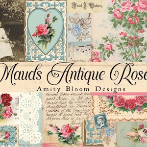 Può includere: Un collage vintage con disegni floreali, principalmente rose in varie tonalità di rosa e rosso. L'immagine incorpora elementi antichi come la scrittura a mano, il pizzo e una fotografia in seppia. Il testo recita "Mauds Antique Roses" e "Amity Bloom Designs."