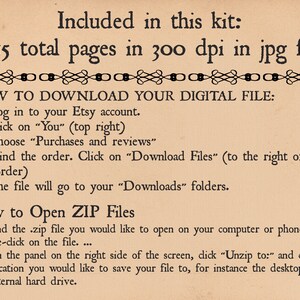 May include: A beige paper with black text explaining how to download a digital file and how to open a ZIP file. The text includes instructions on how to log into an Etsy account, find the order, and download the files. It also explains how to unzip the files on a computer or phone.
