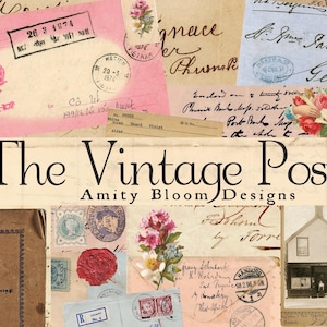 Può includere: Un collage di oggetti effimeri vintage, tra cui cartoline, francobolli e lettere manoscritte. L'immagine presenta una busta rosa con un motivo floreale e il testo "The Vintage Post" e "Amity Bloom Designs".