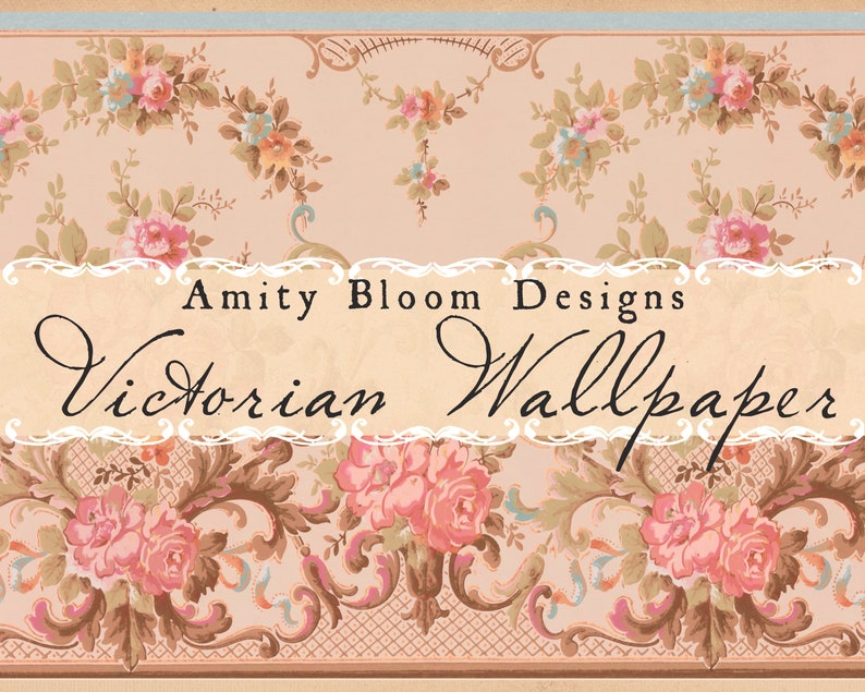 May include: Victorian wallpaper design featuring a repeating floral pattern with pink roses, blue and yellow accents, and green leaves. The text "Amity Bloom Designs Victorian Wallpaper" is displayed in a decorative font.
