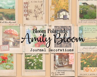 May include: A collage of images with a vintage aesthetic, featuring nature scenes, flowers, and text. The text reads "Bloom Polaroids Amity Bloom Journal Decorations".