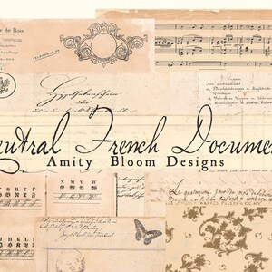 May include: A collage of vintage French documents with text in French and German. The documents are in various shades of beige and brown with black ink. The text includes "Commerce de Bois", "Neutral French Documents", and "Amity Bloom Designs".