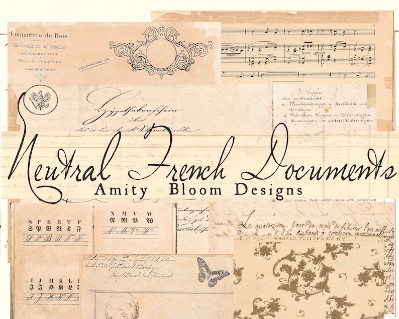 May include: A collage of vintage French documents with text in French and German. The documents are in various shades of beige and brown with black ink. The text includes "Commerce de Bois", "Neutral French Documents", and "Amity Bloom Designs".