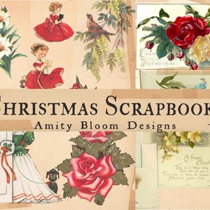 Puede incluir: Un &aacute;lbum de recortes de Navidad vintage con im&aacute;genes de flores, chicas con vestidos rojos, un p&aacute;jaro en una rama y una mujer con un vestido blanco y un perro. El t&iacute;tulo del &aacute;lbum es "Christmas Scrapbook" y el subt&iacute;tulo es "Amity Bloom Designs".