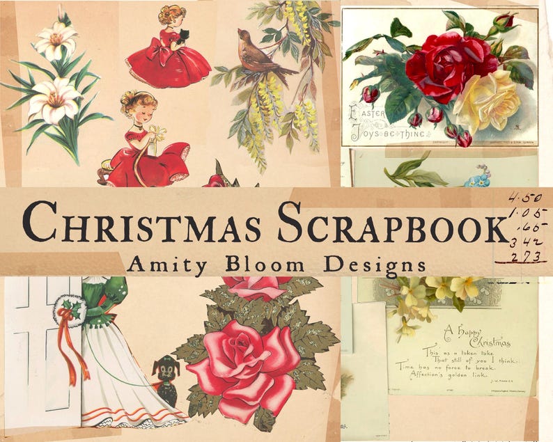 Puede incluir: Un &aacute;lbum de recortes de Navidad vintage con im&aacute;genes de flores, chicas con vestidos rojos, un p&aacute;jaro en una rama y una mujer con un vestido blanco y un perro. El t&iacute;tulo del &aacute;lbum es "Christmas Scrapbook" y el subt&iacute;tulo es "Amity Bloom Designs".