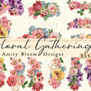 Puede incluir: Una colecci&oacute;n de arreglos florales en varios colores, incluyendo rosa, rojo, morado, amarillo y azul. El texto "Floral Gatherings" y "Amity Bloom Designs Kit 2" se muestra en la imagen. Las flores est&aacute;n dispuestas en ramos y racimos.