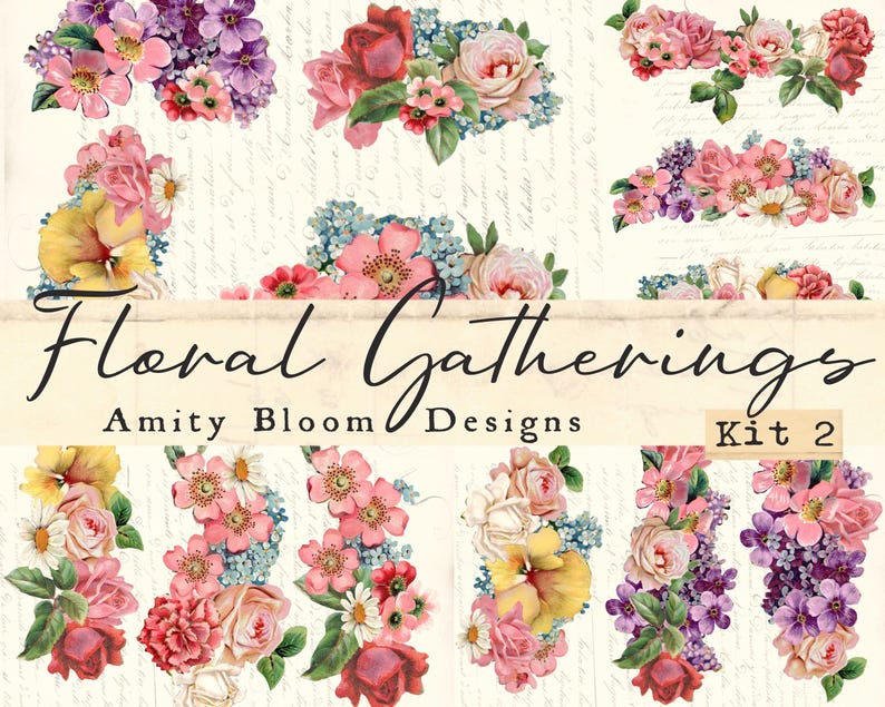 Puede incluir: Una colecci&oacute;n de arreglos florales en varios colores, incluyendo rosa, rojo, morado, amarillo y azul. El texto "Floral Gatherings" y "Amity Bloom Designs Kit 2" se muestra en la imagen. Las flores est&aacute;n dispuestas en ramos y racimos.