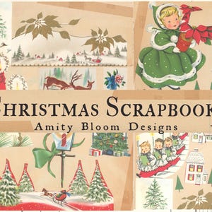 Puede incluir: Un &aacute;lbum de recortes de Navidad vintage con im&aacute;genes de una ni&ntilde;a con un abrigo verde, una iglesia, un ciervo, un &aacute;rbol de Navidad y un grupo de ni&ntilde;os cantando villancicos. El &aacute;lbum se titula "Christmas Scrapbook" e incluye el texto "Amity Bloom Designs".
