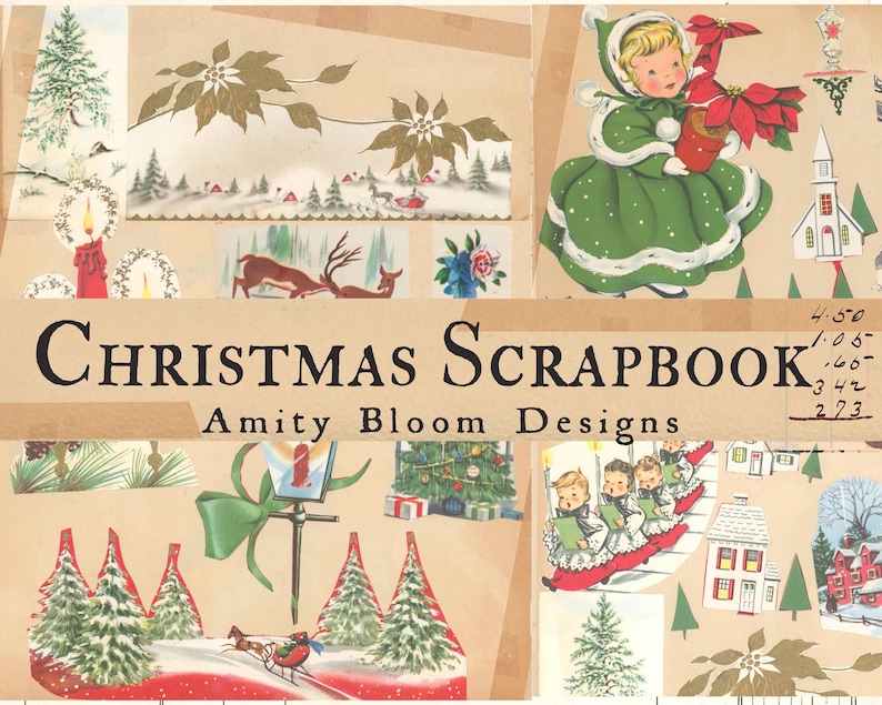 Puede incluir: Un &aacute;lbum de recortes de Navidad vintage con im&aacute;genes de una ni&ntilde;a con un abrigo verde, una iglesia, un ciervo, un &aacute;rbol de Navidad y un grupo de ni&ntilde;os cantando villancicos. El &aacute;lbum se titula "Christmas Scrapbook" e incluye el texto "Amity Bloom Designs".