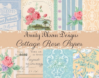 May include: A collage of vintage-style papers with floral and striped patterns in pastel colors. The text "Amity Bloom Designs Cottage Rose Paper" is displayed in elegant script. Includes elements of photography and French text.