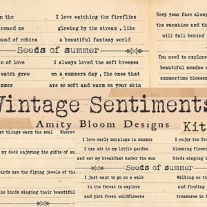 May include: A vintage-style paper with printed text fragments and decorative elements. The text includes phrases like "Seeds of Summer" and "Vintage Sentiments." The design features a warm, aged aesthetic with a variety of fonts.