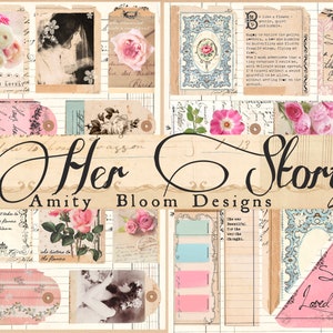 May include: A collage of vintage-style images with a pink and white color scheme. The images feature flowers, text, and a woman in a vintage dress. The text reads "Her Story" and "Amity Bloom Designs".