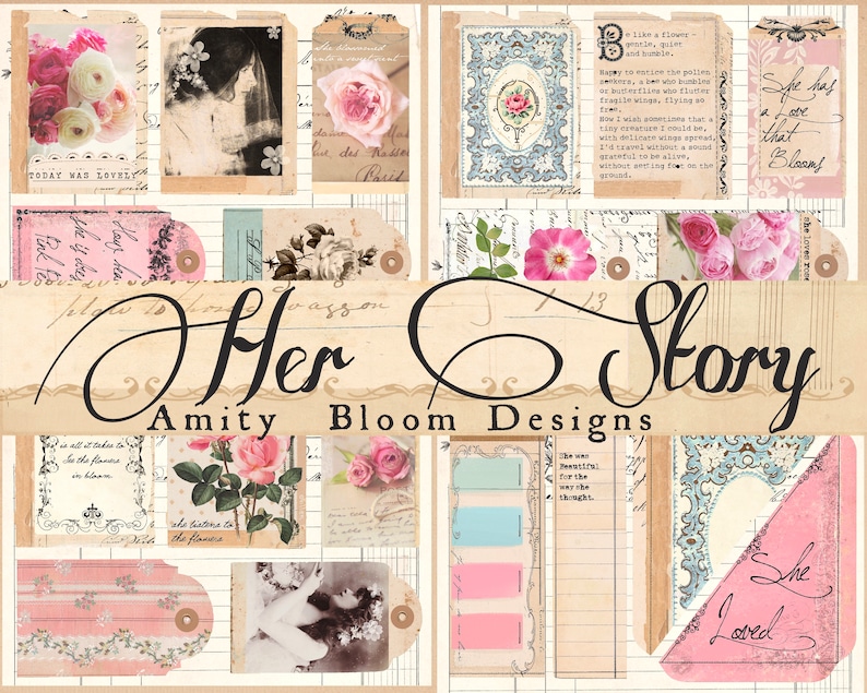 May include: A collage of vintage-style images with a pink and white color scheme. The images feature flowers, text, and a woman in a vintage dress. The text reads "Her Story" and "Amity Bloom Designs".