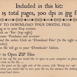 Op de afbeelding: Een beige papier met zwarte tekst die uitlegt hoe je een digitaal bestand kunt downloaden en hoe je een ZIP-bestand kunt openen. De tekst bevat instructies over hoe je een digitaal bestand van Etsy kunt downloaden en hoe je een ZIP-bestand op een computer of telefoon kunt openen. De tekst bevat ook de zin "15 pagina's in totaal, 300 dpi in jpg-bestand".