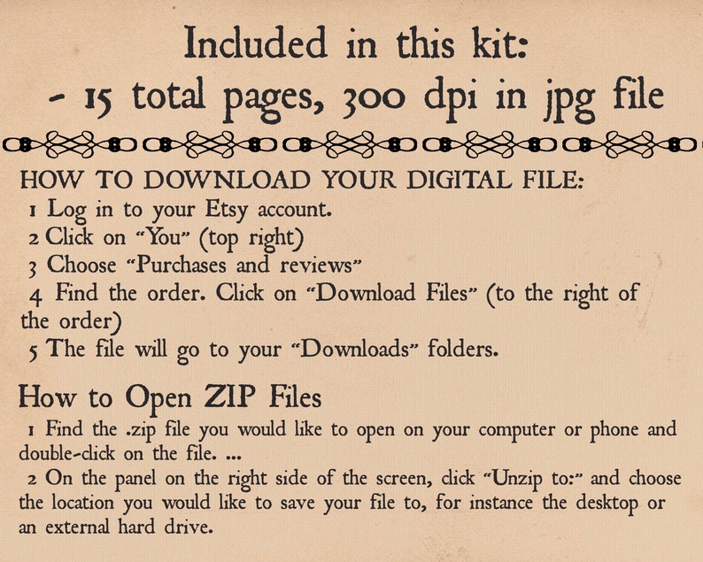 Op de afbeelding: Een beige papier met zwarte tekst die uitlegt hoe je een digitaal bestand kunt downloaden en hoe je een ZIP-bestand kunt openen. De tekst bevat instructies over hoe je een digitaal bestand van Etsy kunt downloaden en hoe je een ZIP-bestand op een computer of telefoon kunt openen. De tekst bevat ook de zin "15 pagina's in totaal, 300 dpi in jpg-bestand".