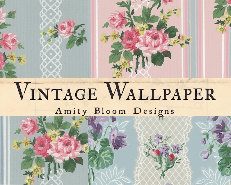 K&ouml;nnte beinhalten: Vintage Tapetendesign mit floralen Mustern und spitzenartigen Details. Das Design umfasst rosa Rosen, lila Blumen und gr&uuml;nes Laub vor hellblauen und rosa gestreiften Hintergr&uuml;nden. Der Text "VINTAGE WALLPAPER" ist zu sehen.