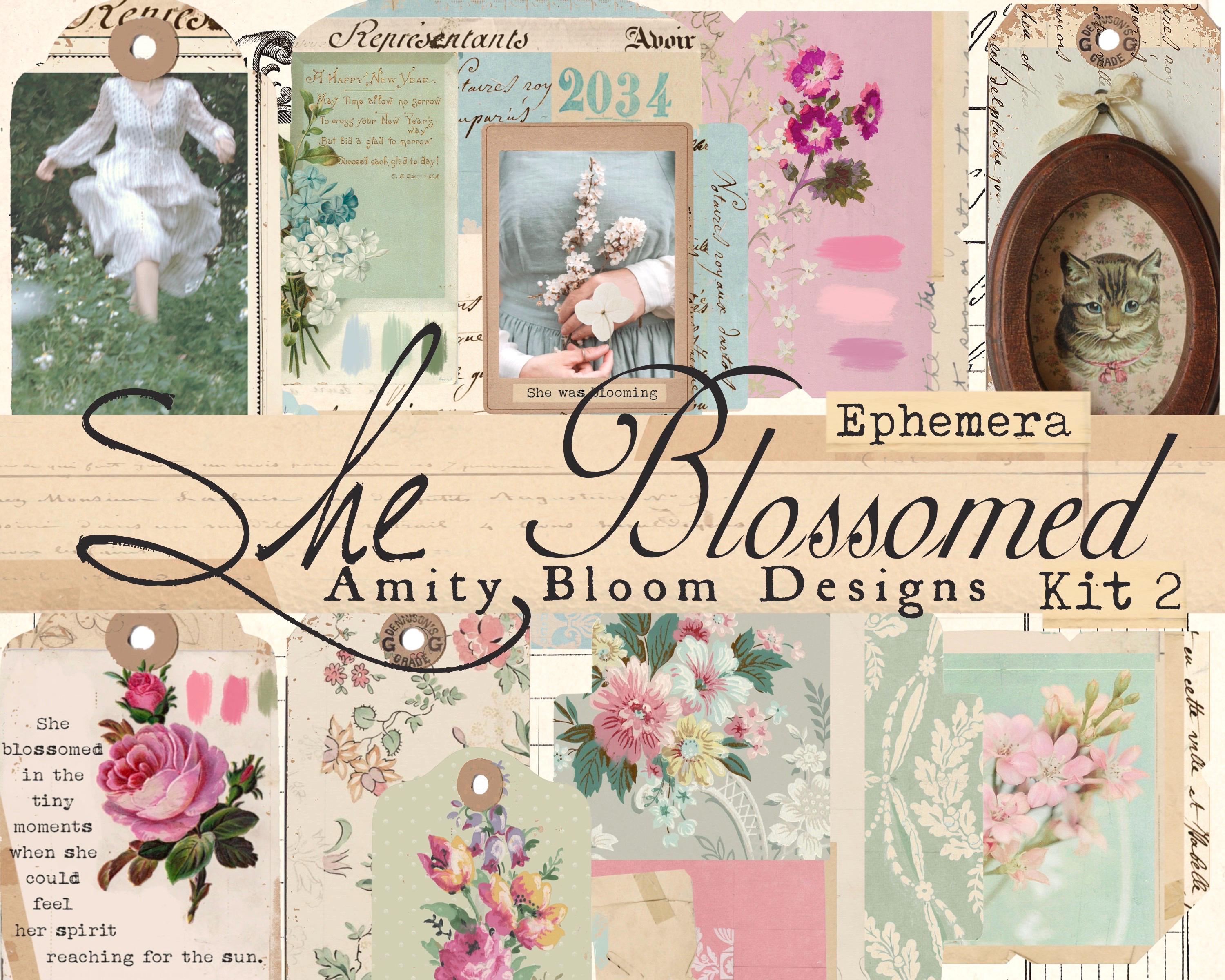 She Blossomed Ephemera Kit | Vintage Decorative Paper| 13 Envelopes & 39 Tags
