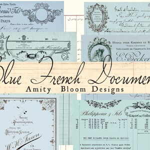 May include: A collage of vintage French documents and labels in blue and white with text in French and English. The text includes "Blue French Documents", "Amity Bloom Designs", "I. Giraud Fils", "Concentr&eacute;e Extra Vieille", "GRASSE PARIS", "N&deg; 0558", "Grail&eacute; et liquidation", "MODES POUR ENFANTS ET FILLIETTES", "ROBES D'ENFANTS", "SP&Eacute;CIALIT&Eacute; DE CHAPEAUX ANGLAIS", "E. Becker", "Philippean & Fils", "FABRICATION FRANCAISE", "GALON DE COTON", "Jantee 70", "Artist Photographer", "From the Deptford Studio", "W.H. Fawn", "13", "Purley Street", "SIX CENT SOIXANTE DOUZE FRANCS 20 CENTIMES", "4 Barrases exp&eacute;di&eacute;es en P.V., france gare Tota", "Marchandises exp&eacute;di&eacute;es par les "AMITO RIGIDA"