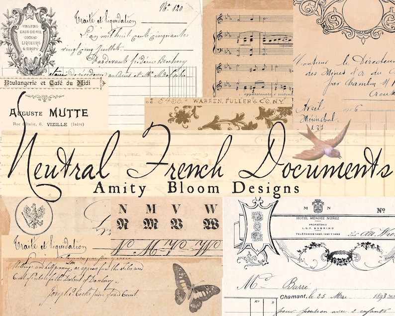 May include: A digital collage of vintage French documents with a neutral color palette. The collage features handwritten text, musical notes, and decorative flourishes. The text includes the words "Neutral French Documents" and "Amity Bloom Designs".