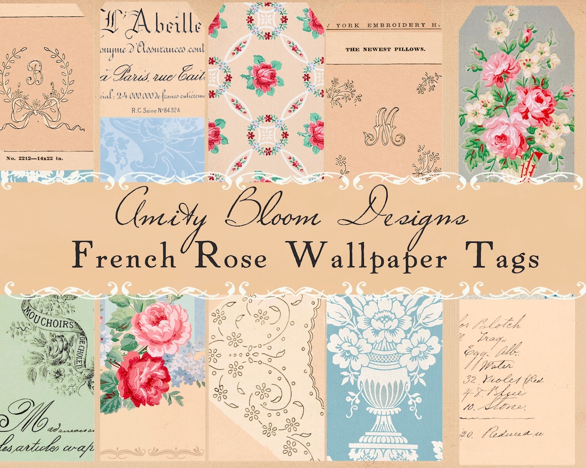 French Roses Background French Rose Wallpaper Tags | 35 Vintage Floral Tags - Etsy