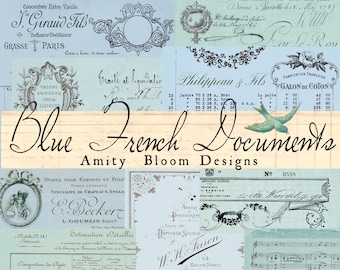 Blue French Documents & Receipts | Antique French Ephemera | Vintage Decorative Paper