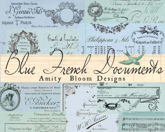 Blue French Documents & Receipts | Antique French Ephemera | Vintage Decorative Paper