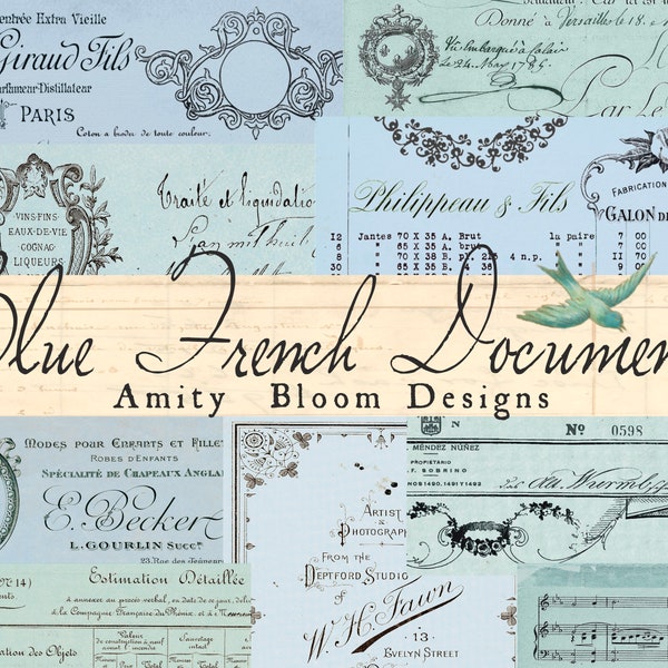 Blauwe Franse documenten en ontvangstbewijzen | Antieke Franse ephemera | Vintage decoratief papier