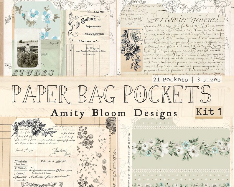 Op de afbeelding: Een digitale papierset met 21 zakken in 3 maten. De set heeft een vintage uitstraling met bloemenmotieven, handschrift en de woorden "Paper Bag Pockets" en "Amity Bloom Designs".