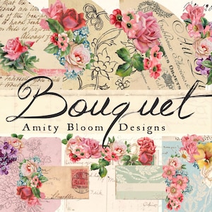 May include: A collage of vintage-style floral designs. The image features bouquets of pink, red, and purple flowers, with handwritten script and the word "Bouquet" in elegant script. The text "Amity Bloom Designs" is also visible.