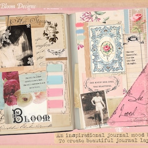 May include: A pink and white journal mood board with the text "Her Story" and "Bloom" in black lettering. The board is decorated with floral patterns, vintage photos, and handwritten text. The text on the board includes quotes about beauty and love.