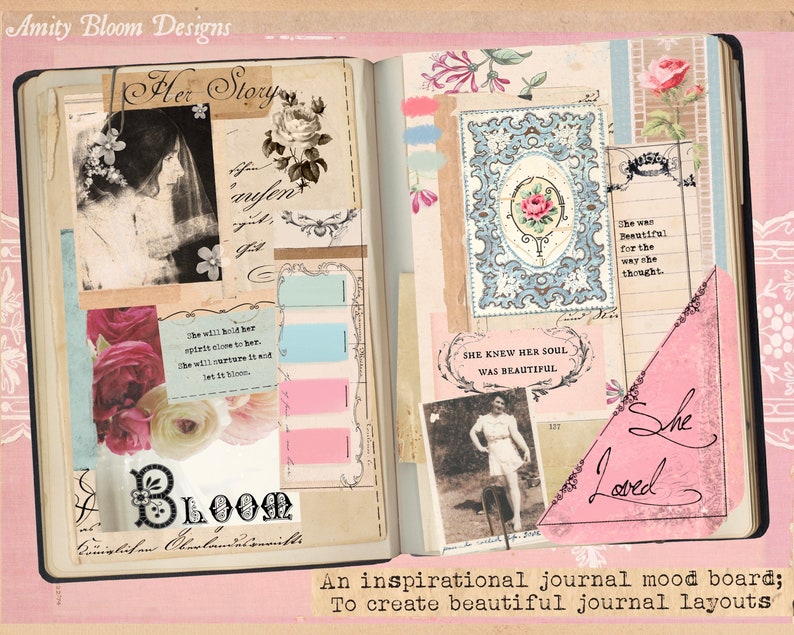 May include: A pink and white journal mood board with the text "Her Story" and "Bloom" in black lettering. The board is decorated with floral patterns, vintage photos, and handwritten text. The text on the board includes quotes about beauty and love.