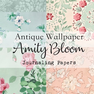Puede incluir: Papeles digitales de papel tapiz antiguo con patrones florales en tonos de rosa, blanco y verde. El texto "Antique Wallpaper Amity Bloom Journaling Papers" se muestra en la imagen.