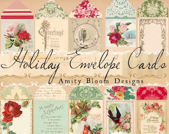 Envelopkaarten voor de feestdagen | Set van 12 | Decoratieve vintage ephemera | Kerstkaart
