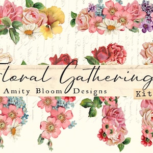 Puede incluir: Una colecci&oacute;n de arreglos florales en acuarela con rosas, margaritas y otras flores en tonos rosa, rojo, amarillo y azul. El texto "Floral Gatherings" y "Amity Bloom Designs Kit 2" est&aacute; presente.