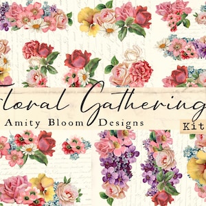 Puede incluir: Un collage digital con varios arreglos florales en tonos rosa, rojo, amarillo y morado. Se muestra el texto "Floral Gatherings" y "Amity Bloom Designs Kit 2".