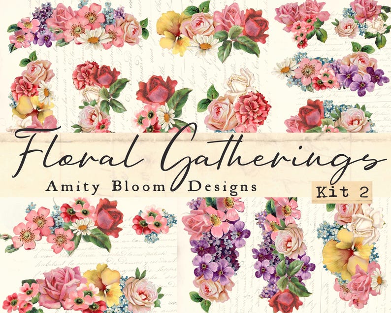 Puede incluir: Un collage digital con varios arreglos florales en tonos rosa, rojo, amarillo y morado. Se muestra el texto "Floral Gatherings" y "Amity Bloom Designs Kit 2".