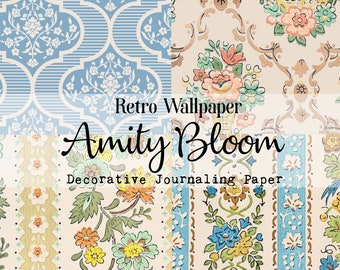 May include: A collection of retro wallpaper designs in pastel shades. The image showcases floral and geometric patterns in blue, peach, and cream. Text reads "Retro Wallpaper Amity Bloom Decorative Journaling Paper."
