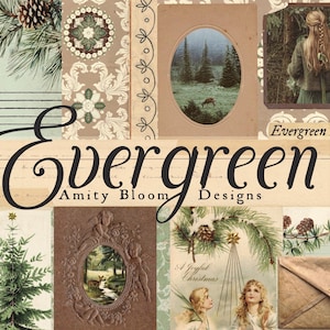 May include: A collage featuring the text "Evergreen Amity Bloom Designs" with vintage-style illustrations. The design includes images of pine branches, a deer in a forest, and a Christmas theme with angels and the phrase "A Joyful Christmas."