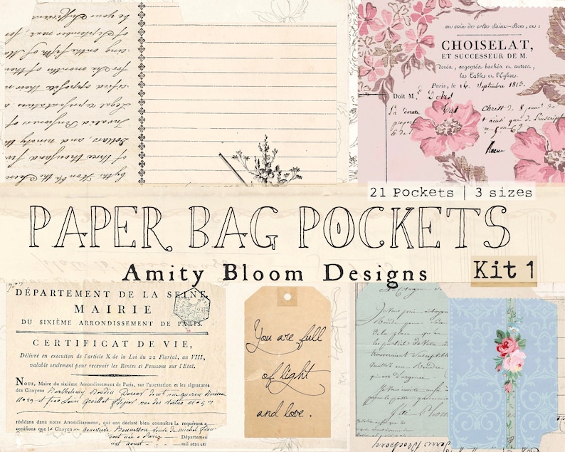 Op de afbeelding: Een digitale papierknutselset met 21 zakken in 3 maten. De set bevat een verscheidenheid aan vintage-stijl papieren, waaronder een levensbewijs, een handgeschreven notitie en een bloemenpatroon. De set heeft de titel "Paper Bag Pockets" en is ontworpen door Amity Bloom Designs. De set is gemarkeerd met "Kit 1".
