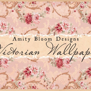 May include: Victorian wallpaper design with a repeating floral pattern. The wallpaper features pink and cream tones with burgundy and green floral accents. The text "Amity Bloom Designs Victorian Wallpaper" is displayed in a decorative font.