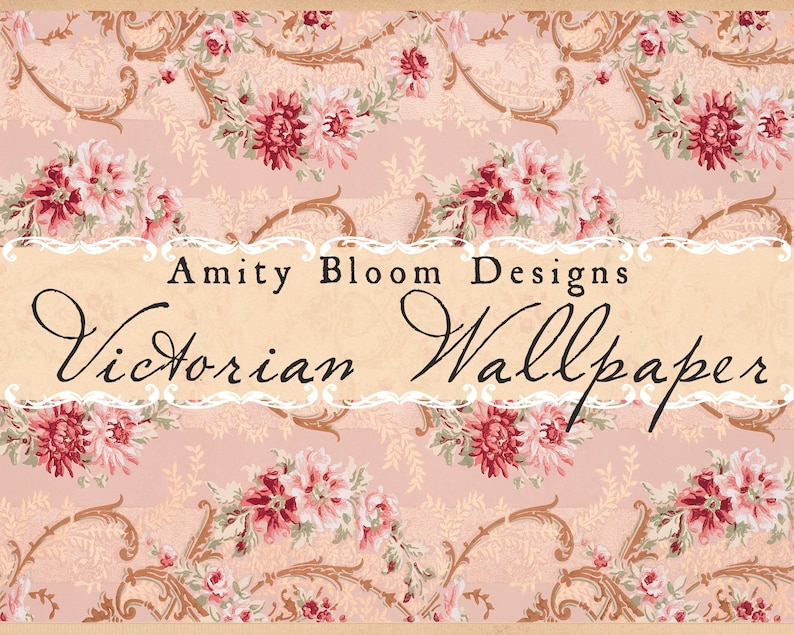 May include: Victorian wallpaper design with a repeating floral pattern. The wallpaper features pink and cream tones with burgundy and green floral accents. The text "Amity Bloom Designs Victorian Wallpaper" is displayed in a decorative font.