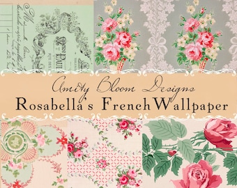 May include: A collage of vintage French wallpaper patterns featuring pink roses, green leaves, and intricate designs. The text "Amity Bloom Designs Rosabella's French Wallpaper" is displayed on a peach background.